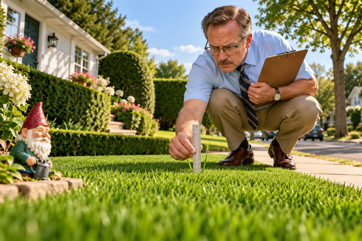 A fictional fussy neighbour measuring grass with a ruler while holding a clipboard.