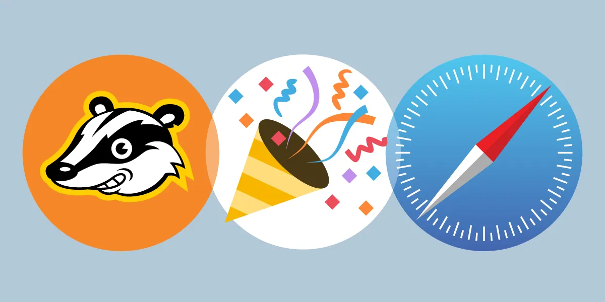 EFF release artwork showing the Privacy Badger mascot, confetti and Safari compass icon.